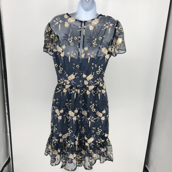 Gal Meets Glam Bridget Embroidered Dress Size 8 Navy Blue Floral Romantic Event - Picture 3 of 13